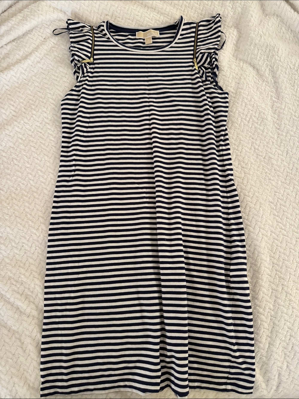 MICHAEL Michael Kors Navy and White Striped Ruffle Sleeve Dress